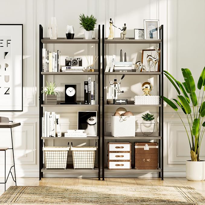 NUMENN Bookshelf, 5 Tier Freestanding Shelving Unit, Grey | Metal Frame & Wood Shelves, Falling Prevention Baffle, Open Storage Bookcase for Bedroom, Living Room & Home Office