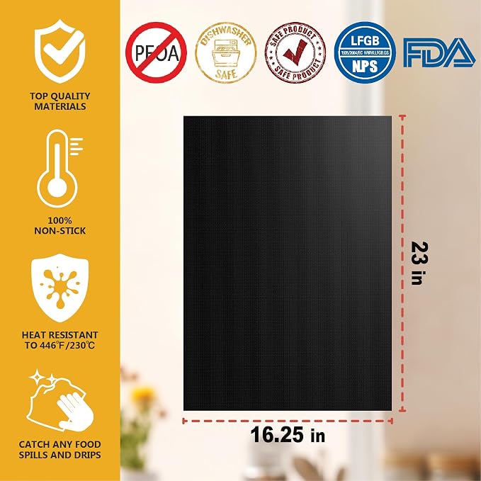 Oven Liners for Bottom, 4 PACK Large Thick Heavy Duty 100% Non-stick Reusable Teflon Mat, Baking Mat for Electric, Gas, Toaster Ovens, Grills, Kitchen Friendly Cooking Accessory, 16.25 x 23inches