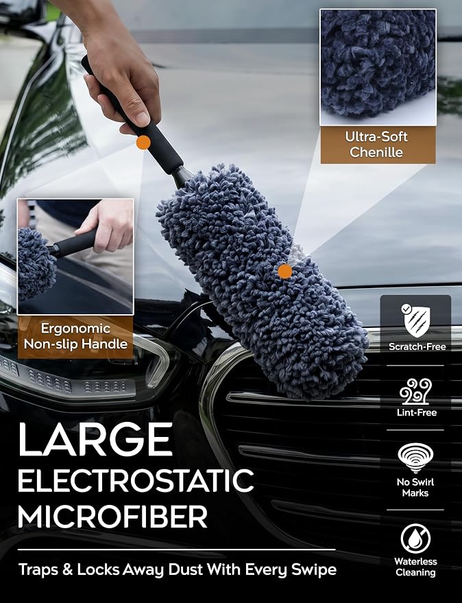 TAKAVU Car Duster Kit, Ultra Soft Microfiber, Lint & Scratch Free | Includes Storage Bag & Unbreakable Handle, Removes Pollen & Dust, Exterior & Interior for SUV & Home