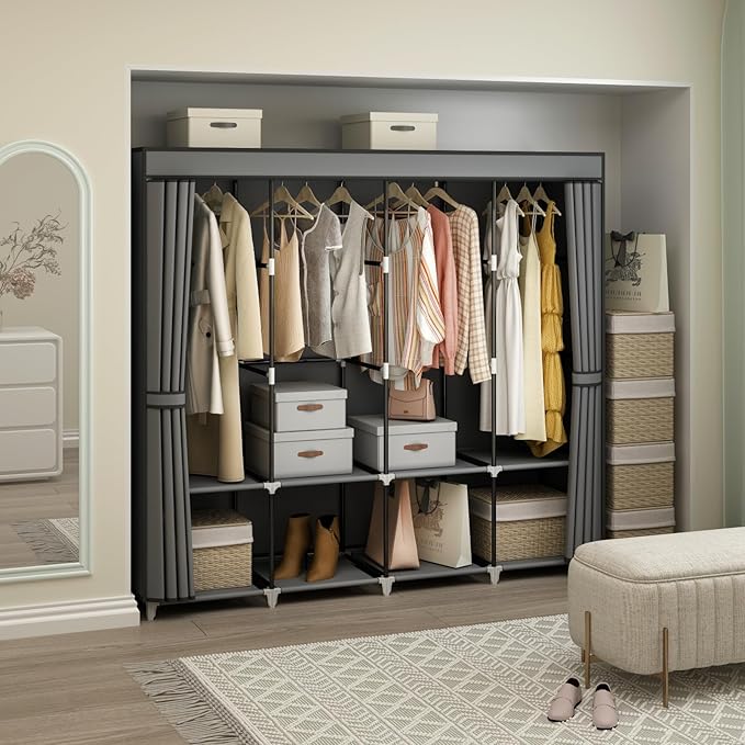 67" Portable Wardrobe Closet for Hanging Clothes, 8 Shelves 4 Rods & Cover