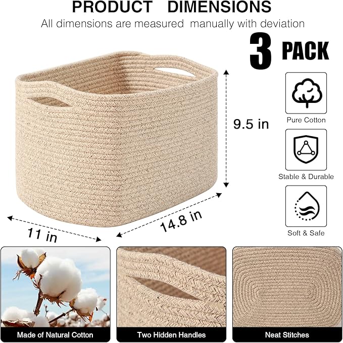 Storage Baskets for Organizing Shelves, Woven Cotton Rope Basket for Storage, Dog Toy Baskets Storage Kids, Cute Shelf Basket for Living Room Bedroom, 14.8"×11"×9.5", Pack of 3, Brown