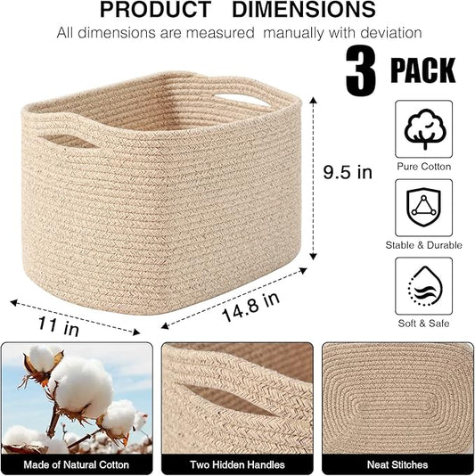 Storage Baskets for Organizing Shelves, Woven Cotton Rope Basket for Storage, Dog Toy Baskets Storage Kids, Cute Shelf Basket for Living Room Bedroom, 14.8"×11"×9.5", Pack of 3, Brown
