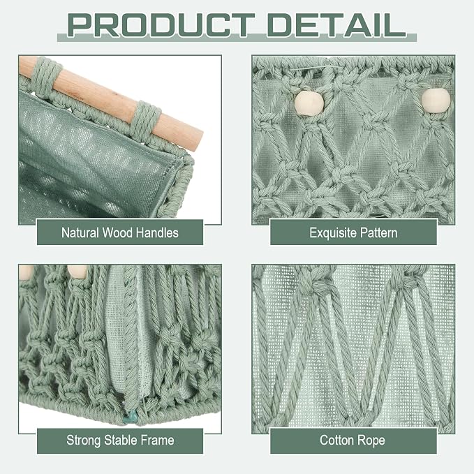 Vesici 4 Pcs Sage Green Macrame Storage Basket for Shelves 13" 11" Boho Storage Basket Hand Woven Boxes with Wood Handles Beads Decorative Countertop Toilet Cabinet Organizer for Home Decor