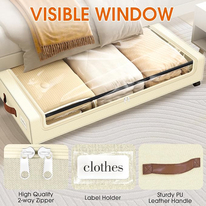 SpaceHacks Under Bed Storage with Wheels 2Pack Underbed Storage with Clear Window&Label Under Bed Drawers Large Capacity Rolling Under Bed Storage for Clothes,Shoes, Blankets (Beige)