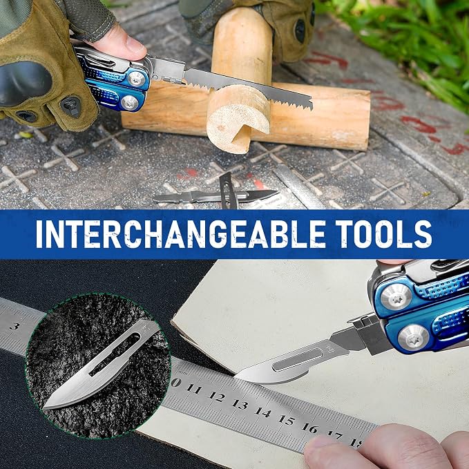 BIBURY Multitool Pliers BI2049BL with Blue Titanium Handle, EDC Multi Tool with Replaceable Wire Cutter, Full-Size Scissors and Screwdirver Set, Heavy Duty Hand Tool for DIY, Repair, Camping, Survival