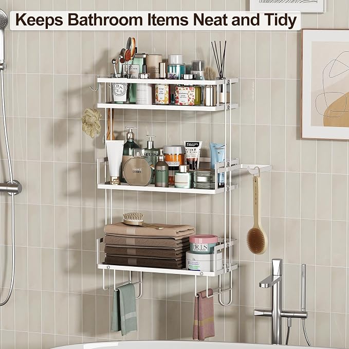 Godboat 3-Tier Over Toilet Storage Shelf, Wall-Mount with 2 Hook/Paper Rack | Bathroom Organizers and Storage Cabinet, Behind/Above/On/Top/Back Tank Shelves, Decor for Bathroom/Restroom/Kitchen/Bedroom