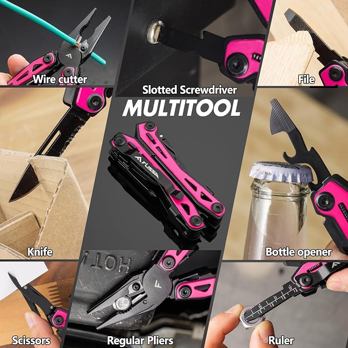 FLISSA 16-In-1 Multi-Tool Pliers, EDC Multitool, Multipurpose Tool, Pink | Gift for Men, Stainless Steel, Pocket Knife, Belt Clip, Oxford Pouch, Safety Locking, For Camping, Survival & Outdoor