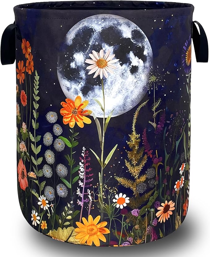 Moon Flowers Laundry Basket Oxford Cloth Hamper18.9"x16.5" | Floral Laundry Hamper With Handle Foldable Clothes Storage Basket Moon Laundry Bag For Laundry Room/Bedroom/Bathrooms