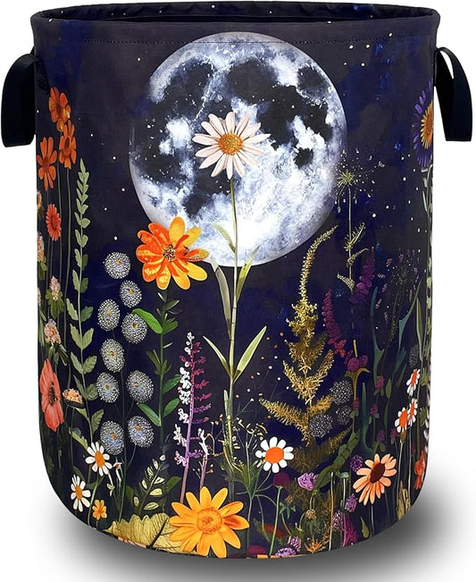 Moon Flowers Laundry Basket Oxford Cloth Hamper18.9"x16.5" | Floral Laundry Hamper With Handle Foldable Clothes Storage Basket Moon Laundry Bag For Laundry Room/Bedroom/Bathrooms
