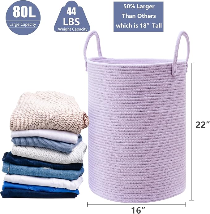 80L Large Purple Hamper Laundry Basket for Girls Kids Lavender | Tall Woven Blanket Basket for Nursery Cotton Rope Lilac Clothes Hamper in Bedroom 16Dx22H inches