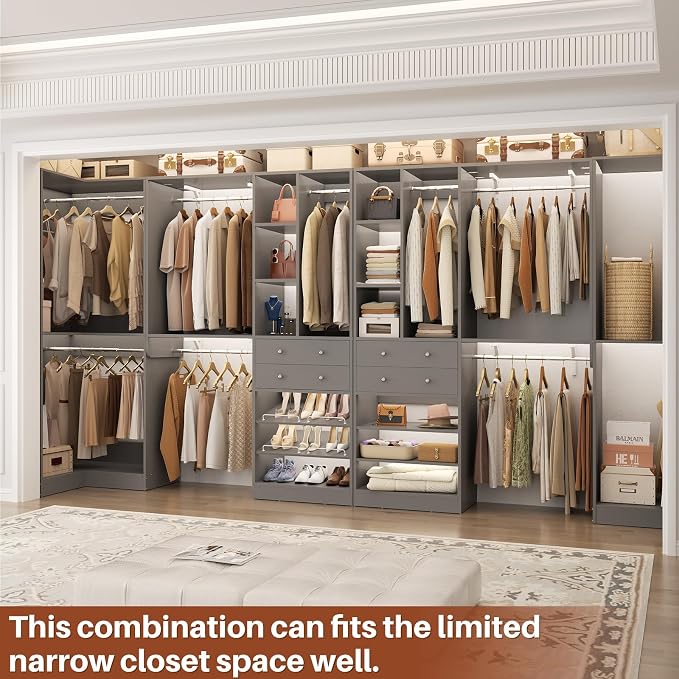 Besiost Closet System with 4 Drawers & Corner Tower, Closet Organizer System with 10 Hanging Robs, Reversible U Shaped Walk-in Closet System, Load 3600+LBS Capacity, Set of 4, Morandi Grey