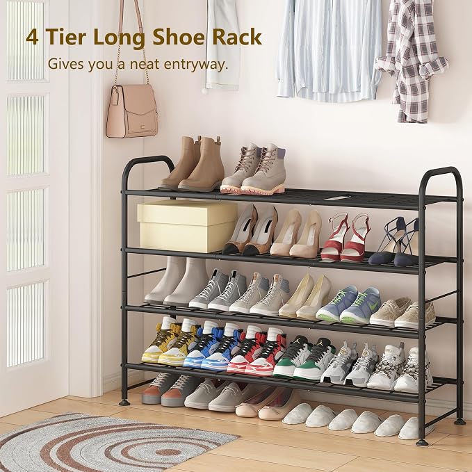 LINZINAR 4 Tier Long Shoe Rack for Closet Metal Shoe Organizer for Entryway | Spacious design stores 25+ pairs of shoes,durable metal frame,space-saving organizer for closet, hallway, and Entryway Black