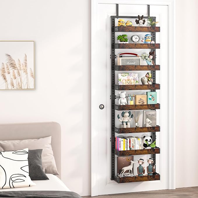 BUKFEN 8-Tier Over the Door Pantry Organizer, 2-in-1 Door Hanging or Wall Mounted Spice Rack, Heavy Duty Metal Storage Shelves with Adjustable Wooden Baskets for Kitchen Bathroom Closet