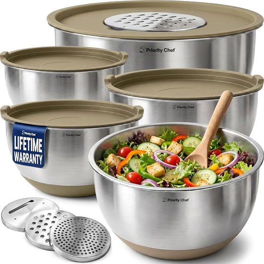 Priority Chef Stainless Steel Mixing Bowls with Lids Set, 3 Grater Attachments, Airtight Lids, Non-Slip Silicone Base Mixing Bowl Set, Large Prep Metal Mixing Bowls for Kitchen, Khaki