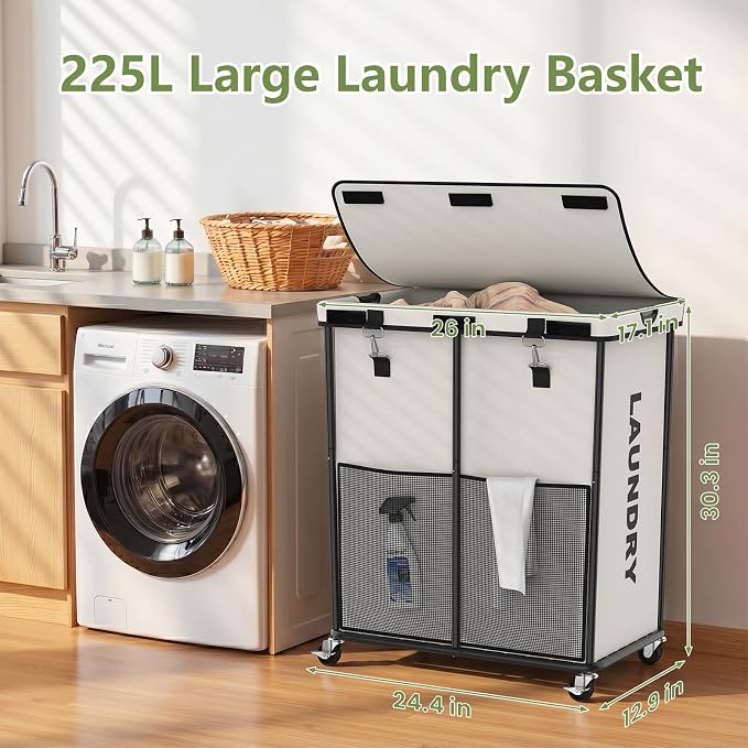 Laundry Hamper with Wheels and Lid, 225L Large Rolling Laundry Basket White | Heavy Duty Clothes Organizer, Sturdy Metal Frame, Lockable Swivel Casters, Removable Bag, For Bedroom, Bathroom, Laundry Room