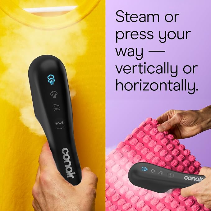 Conair Clothes Steamer, 2-in-1 Travel Steamer/Iron, Anti-Drip, Black/Silver | Portable handheld garment steamer for clothes w/ iron, quickly removes wrinkles, dual voltage 120-240V & heats in 75 seconds