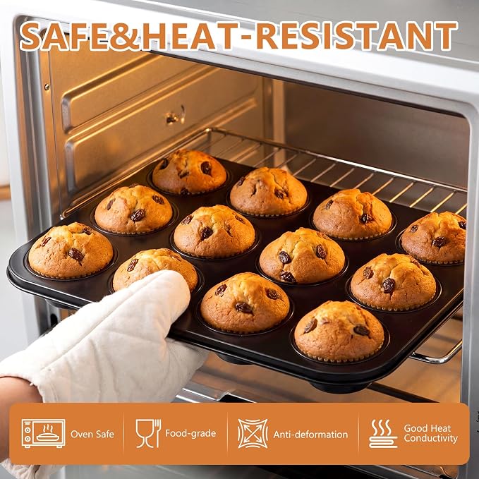 Domensi 4 Pcs Muffin Pan 12 Cup Carbon Steel Cupcake Baking Pan Nonstick Tin Tray for Standard Muffins, Brownie, Tart, Quiche, Heavy Duty Bakeware Set, Oven & Dishwasher Safe