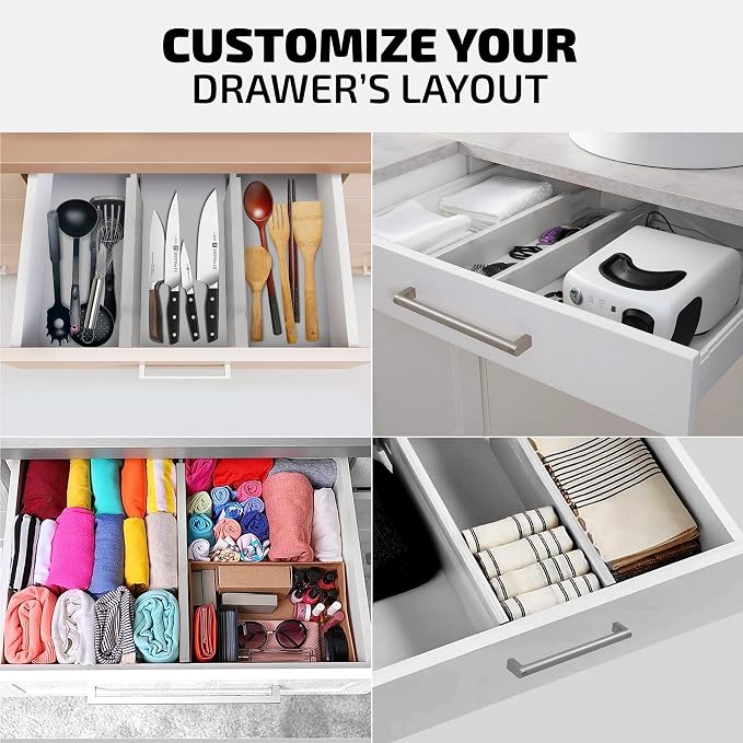 4-Pack Bamboo Drawer Dividers - 12.2 to 17.3 Inches Deep, 2.6 Inches High, Adjustable Expandable Drawer Organizer Dresser Separator for Clothes, Utensils, Kitchen, Bathroom, Office Storage, Gray