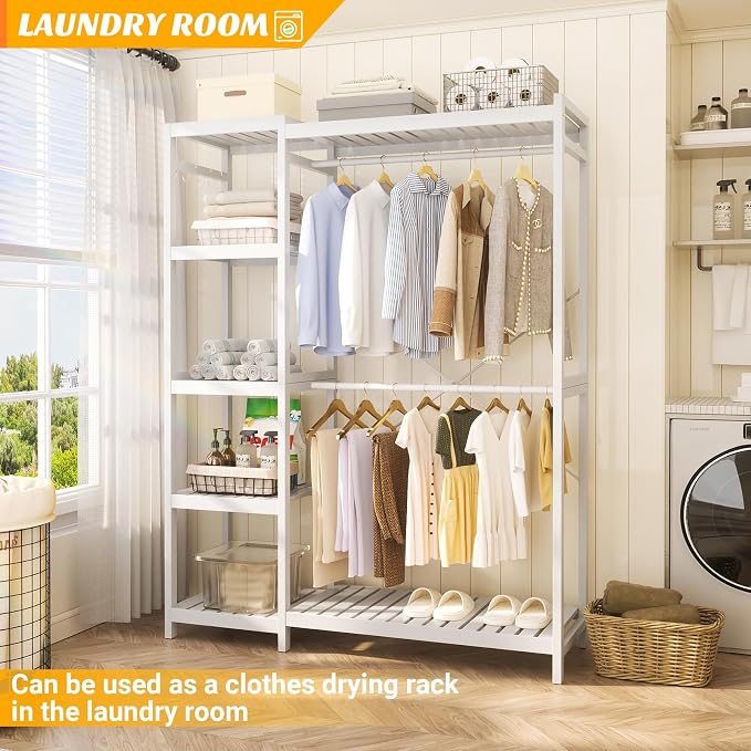 Homykic Bamboo Clothes Rack Garment Rack for Hanging Clothes, Heavy Duty Clothing Rack with 7 Tiers Adjustable Shelves, Double Rods, 4 Hooks, Freestanding Closet System Organizer Wardrobe, White