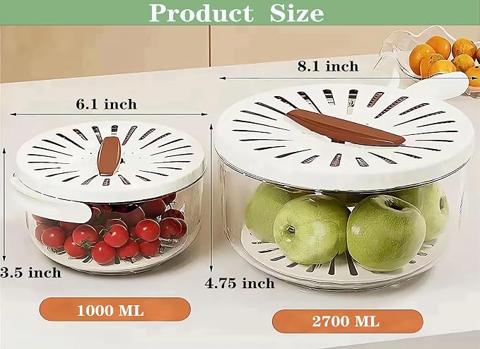2 Pcs Fruit Vegetable Washing Bowl with Strainer, 2.85QT+1QT Multipurpose Drain Basket with Lid & Foldable Handle, Food Strainer Container for Kitchen, Fridge, Picnics, Apartment, BPA-Free Material