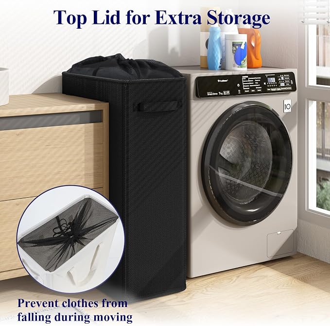 Optish 75L Slim Laundry Hamper, Large Laundry Basket With Handles, Black Narrow Laundry Basket for Dorm, Bedroom, Living Room, Collapsible Laundry Hamper