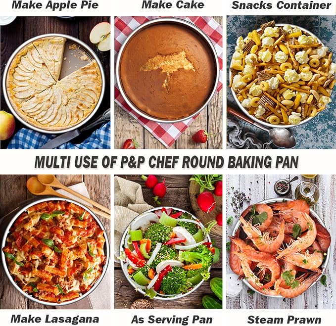P&P CHEF 9.5 Inch Cake Pan Set of 4, Stainless Steel Baking Round Cake Pans Tins Bakeware for Birthday Wedding, Leak-proof & Easy Clean, Mirror Finish & Easy Releasing