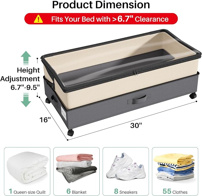 Kitstorack 4 Pack Height-adjustable Under Bed Storage with Wheels, Under Bed Storage Containers,Under Bed Shoe Storage Organizer with Clear Window&Label, Suitable for Clothes Storage, Beige & Gray