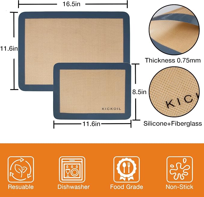 Silicone Baking Mats Set of 3, Non-Stick Reusable BPA-Free Oven Liners,100% Food-Grade Silicone Baking Sheets for Cookies, Macarons, Bread and Pastry,16.5'' x 11.6''(2 Half)&11.6' x 8,5''(1 Quarter)