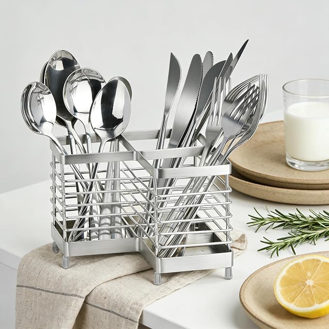Utensil Holder, Stainless Steel Corner Utensil Holder for Kitchen Counter, 3 Compartments Utensil Crock Organizer for Spatulas, Silverware, Forks, Knives, Spoons & Cooking Tools