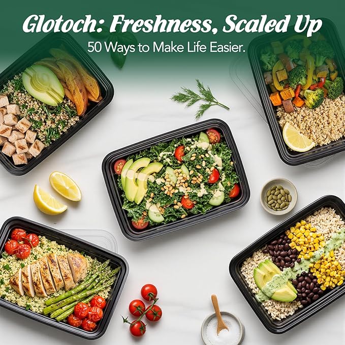 Glotoch Meal Prep Containers 32oz 50 Pack(100 Piece) with Lids, Plastic Food Storage Containers Reusable, Bento Boxes for Portion Control,Takeout, Lunch, Salad, Microwave/Freezer/Dishwasher safe