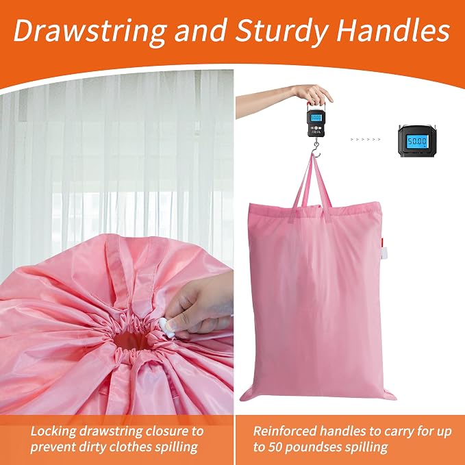 2 Pack Extra Heavy-Duty Laundry Bag with Handles, Pink, 28x36" | Extra Large, Name ID Tag, Machine Washable, Reinforced Handles, Drawstring Closure, For College Dorm Travel
