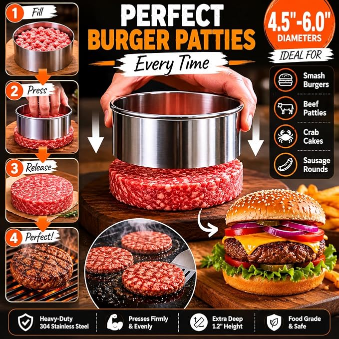 Doczen Large Round Cookie Cutter 6 PCS (2, 3, 3.5, 4, 5, 6 Inch) Set, 6-Piece Stainless Steel Biscuit Cutters, Heavy Duty Metal Ring Mold for Burger Press & Meat Shaping, Tortilla Crust