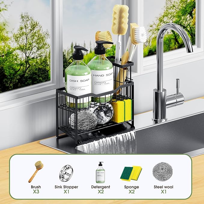 2-Tier Rustproof Sponge Holder for Kitchen Sink, Black | Self-Draining Sink Caddy, Non-Slip Base, Removable Brush Holder, Space-Saving Countertop Organizer, Fits Most Kitchen Sinks
