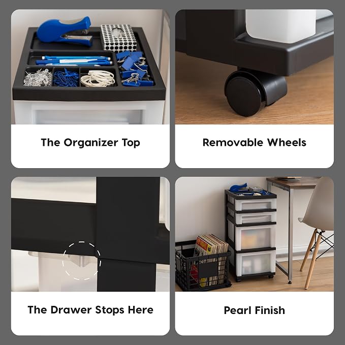 IRIS USA 4-Drawer Rolling Storage Cart with Organizer Top, Black/Pearl | Keep craft supplies, office essentials, classroom items, and accessories organized with easy-access drawers for daily use
