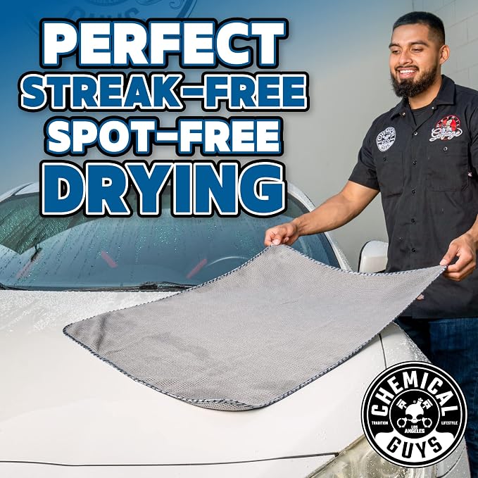 Chemical Guys Waffle Weave Gray Matter Microfiber Drying Towel - 25" x 36", Premium Blend Microfiber Towel with Soft-Banded Edging for Scratch-Free Car Drying, Ultra Absorbent | Waffle-weave towel with soft-banded edges soaks up sheeting water for a fa...