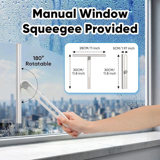 Cordless Window Vacuum Squeegee, 4000mAh Electric Window Cleaner Tool, Window Cleaning Kit with Shower Squeegee & Extension Pole for Shower Glass, Mirror, Door, Car