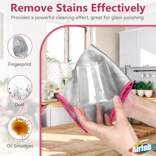 Airlab Glass Polishing Cloth Streak Free Miracle Cleaning Cloth Lint Free Microfiber Cleaning Rags for Glasses Kitchen Dish Mirrors Easy Clean, Pack of 6, 12" x 12", Sliver-Pink