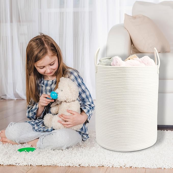 Woven Cotton Rope Laundry Basket, 15" x 20" Laundry Hamper, White | Rope storage basket for dirty clothes, toys and blankets. Perfect for bathroom, baby nursery and living room storage.
