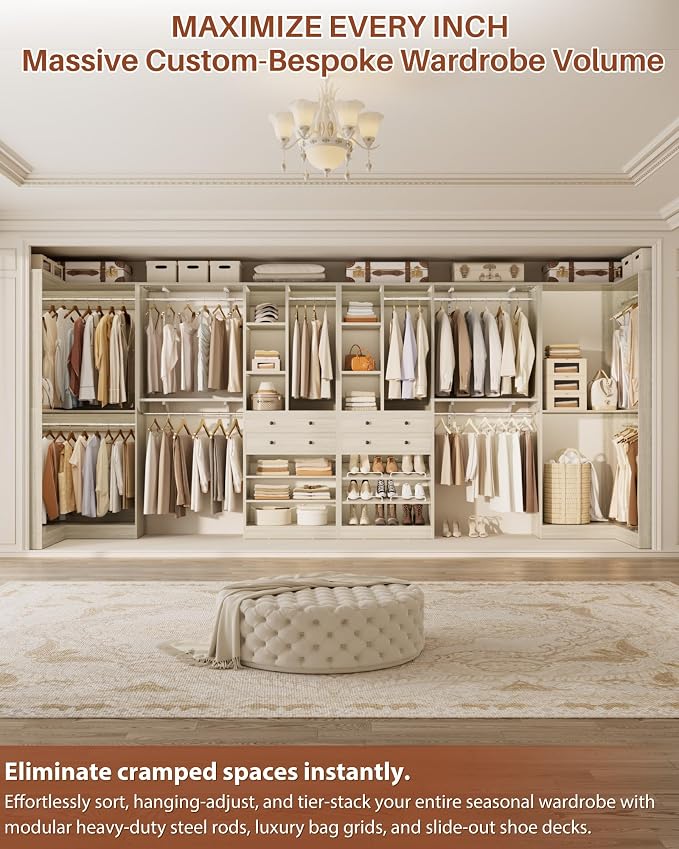 Besiost Closet System with 4 Drawers & Corner Tower, Closet Organizer System with 10 Hanging Robs, Reversible U Shaped Walk-in Closet System, Load 3600+LBS Capacity, Set of 4, Greige Oak