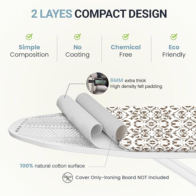UniSimp Ironing Board Cover and Pad 15"x54" Extra Thick Natural Cotton, Scorch and Stain Resistant Padding, Standard Size Iron Board Cover with Fasteners Heavy Duty Elastic Edge, Heatproof Taupe