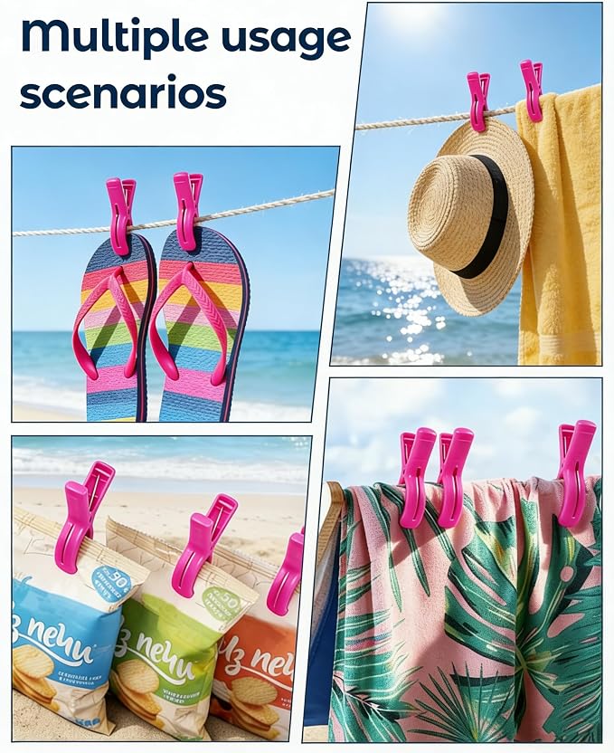 10 Pack Beach Towel Clips Heavy Duty Large Beach Essentials Chair Pool Clip | Pink Clips with Strong Grip, Silicone Protection, Rust Resistant Spring, Multi-Use for Beach, Boat, Cruise & Outdoors