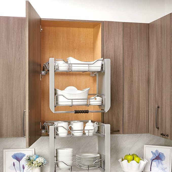 Rev-A-Shelf 24" Pull Down Heavy Duty Shelf Organizer for Tall Kitchen/ Bathroom Cabinets, Dual Tier Wall Mounted Pantry Storage, Chrome, 5PD-24CRN