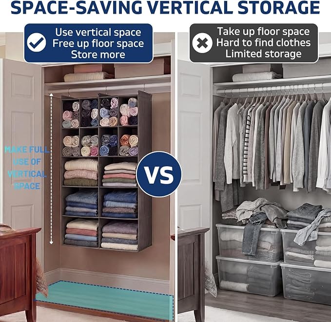 Ofiray-home 5 Tier Hanging Closet Organizer, 14 Compartments Sweater Organizer for Closet with 3 Sturdy Hooks, Closet Organizers and Storage, Wardrobe, Rv, Garment Rack, Grey