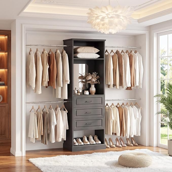 Unikito Closet System, 4FT - 9FT Closet Organizer with Mirror, Luxury Walk in Closet Insert with Drawers and 4 Hanging Rods, Sturdy Wood Wardrobe Closet Garment Rack with 25” Tower, Black
