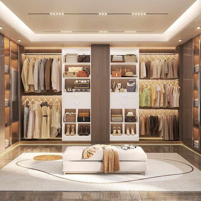 Besiost Closet System, 4-8 FT Closet Organizer Tower with 2 Wooden Drawers and Shelves, Can Fit 60 to 96 inch Walk-in Closet System with 5 Hanging Rods, Built-in, White