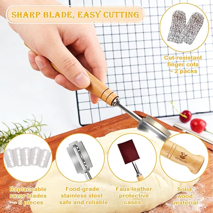 Bread Lame and Flour Duster, 304 Stainless Steel Sourdough Baking Tools with Razor Blades & Leather Cover, Professional Bread Scoring Knife for Baking