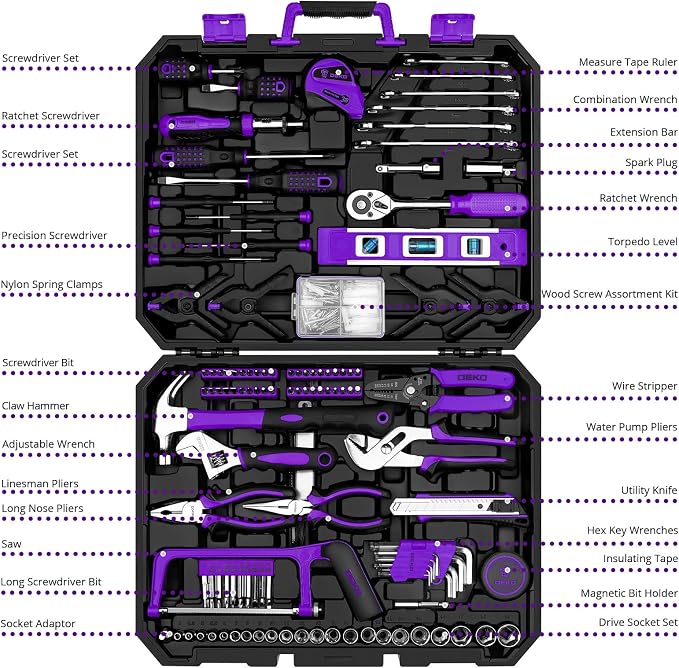 DEKOPRO Tool Set: 228 Piece Home Tool Kit, Household Basic Repair Tool Set Comes with Storage ToolBox, Socket Wrench Set for Car, Hand Tool Box Set for Home - Purple