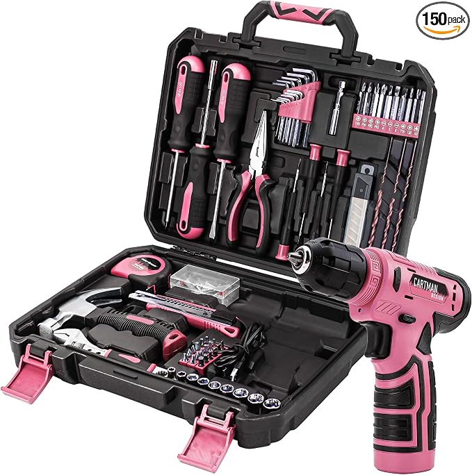 CARTMAN 150-Piece 8V Cordless Drill Hand Tool Set Pink Household Repair Kit | All-Inclusive Tool Assortment With 8V Drill, Great For Home Upkeep, DIY Crafting And Daily Household Fixes