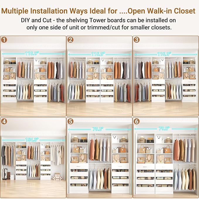 Aheaplus Closet System with 8 Wooden Drawers, Wood Closet Organizer System with Tower, Walk-in Closet Organizer Wardrobe Clothes Rack with 4 Hanging Rods, Garment Rack, Cut to Fit 7-12Ft, White