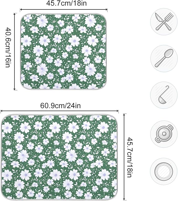 Vintage Floral Leaves Green Dish Drying Mat for Kitchen Daisy White Pastel Colors Microfiber Drying Mats Absorbent Reversible Dish Pad Medium Dish Draining Mat 16x18 inch